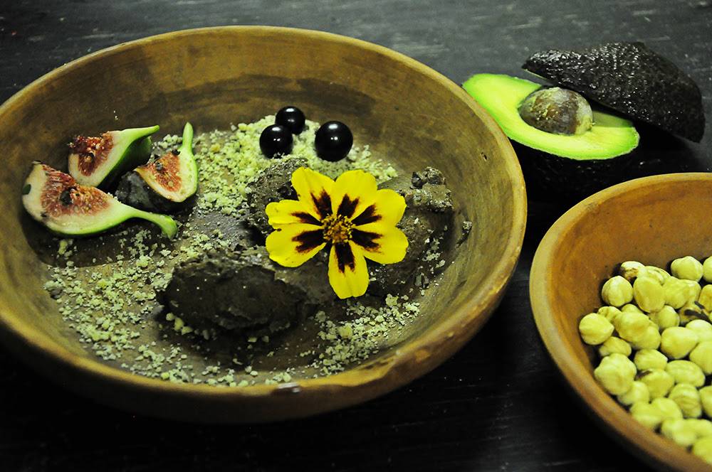 Vegan Dessert: Fig & Dark Velvet Avocado Cacao Mouse served with Nutmeg and Hazelnut Crumble and a drizzle of Vanilla Salt (Image from The Bunyadi)
